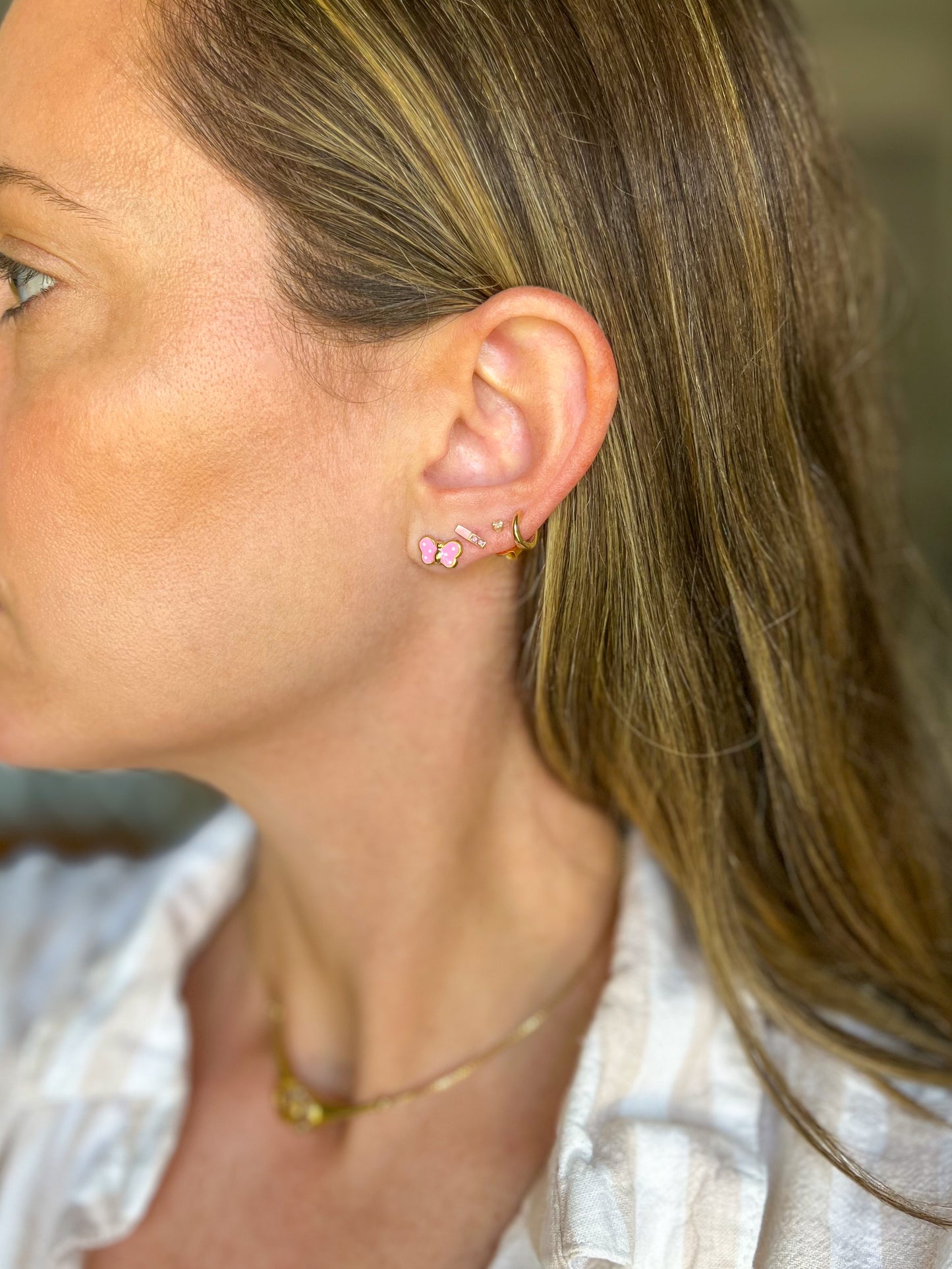 Mini 14k Yellow Gold Pink Butterfly Stud Earrings