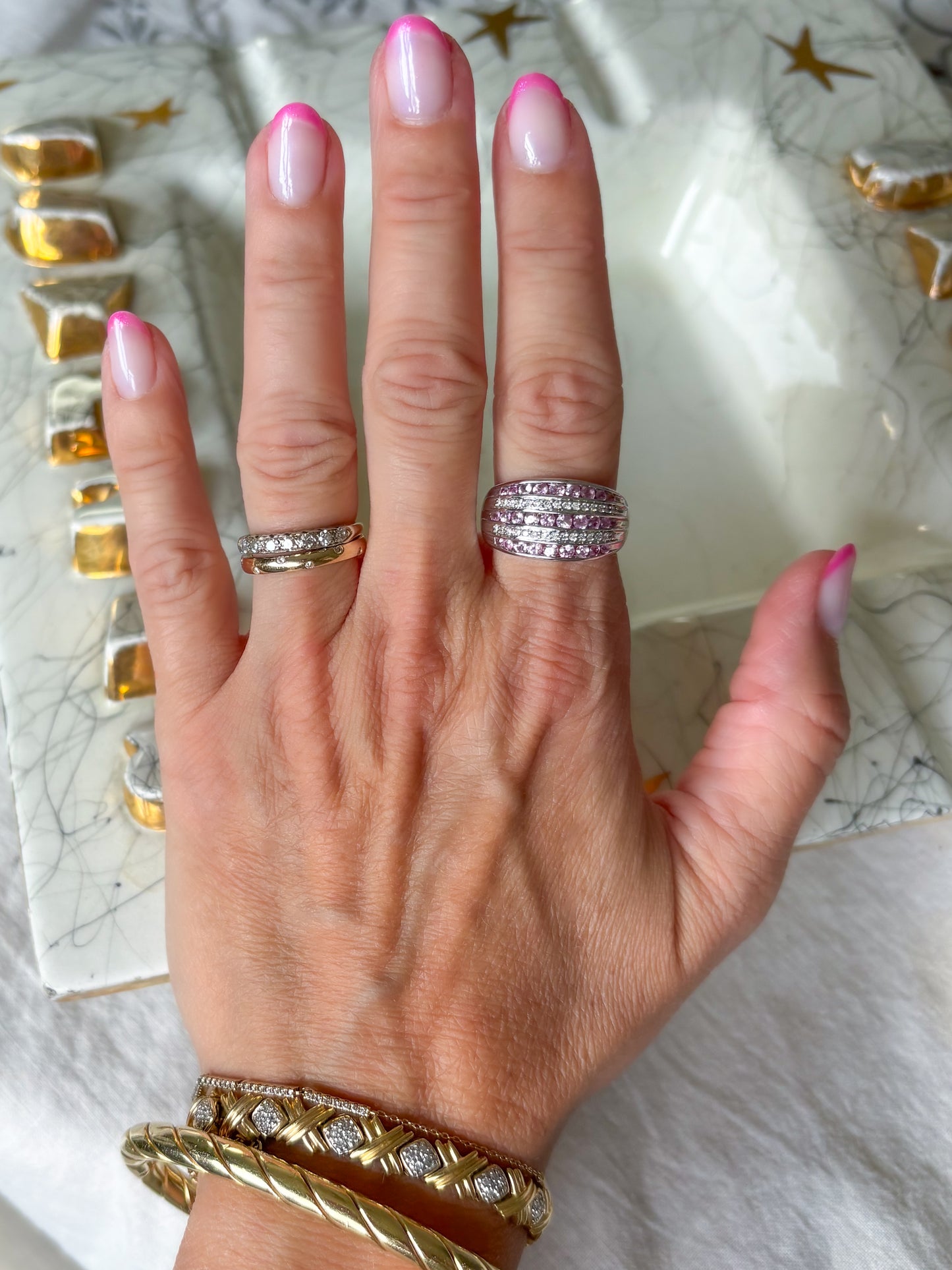 Vintage Chunky Natural Diamond and Synthetic Pink Topaz 14k White Gold Ring