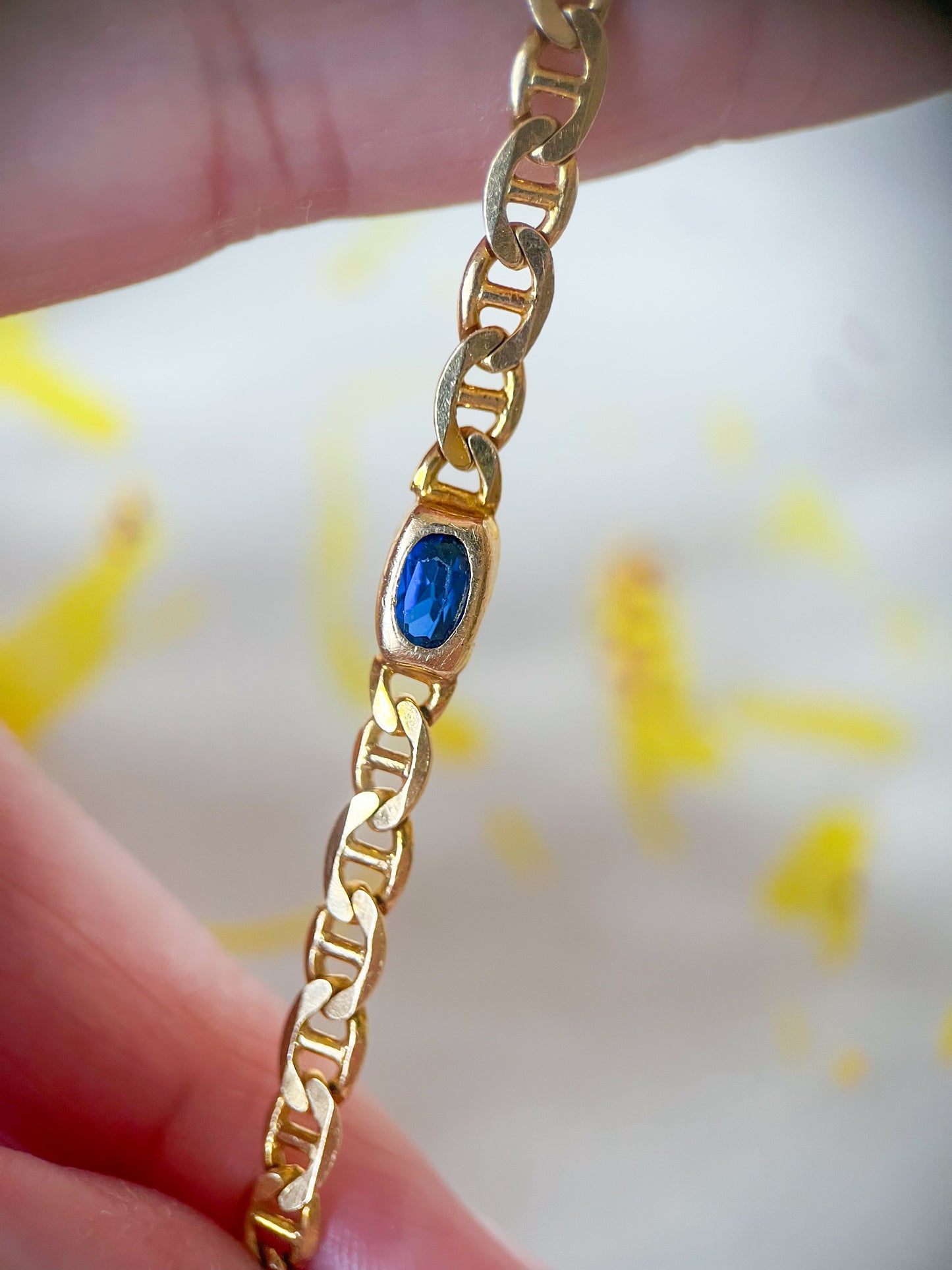 Vintage Multi Gemstone (Synthetic) 14k Yellow Gold Mariner Chain 8 Inch Bracelet