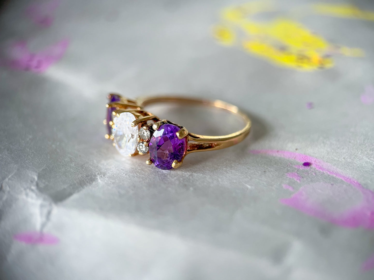 Vintage Natural Amethyst and CZ Three Stone Ring with Natural Diamonds 14k Yellow Gold