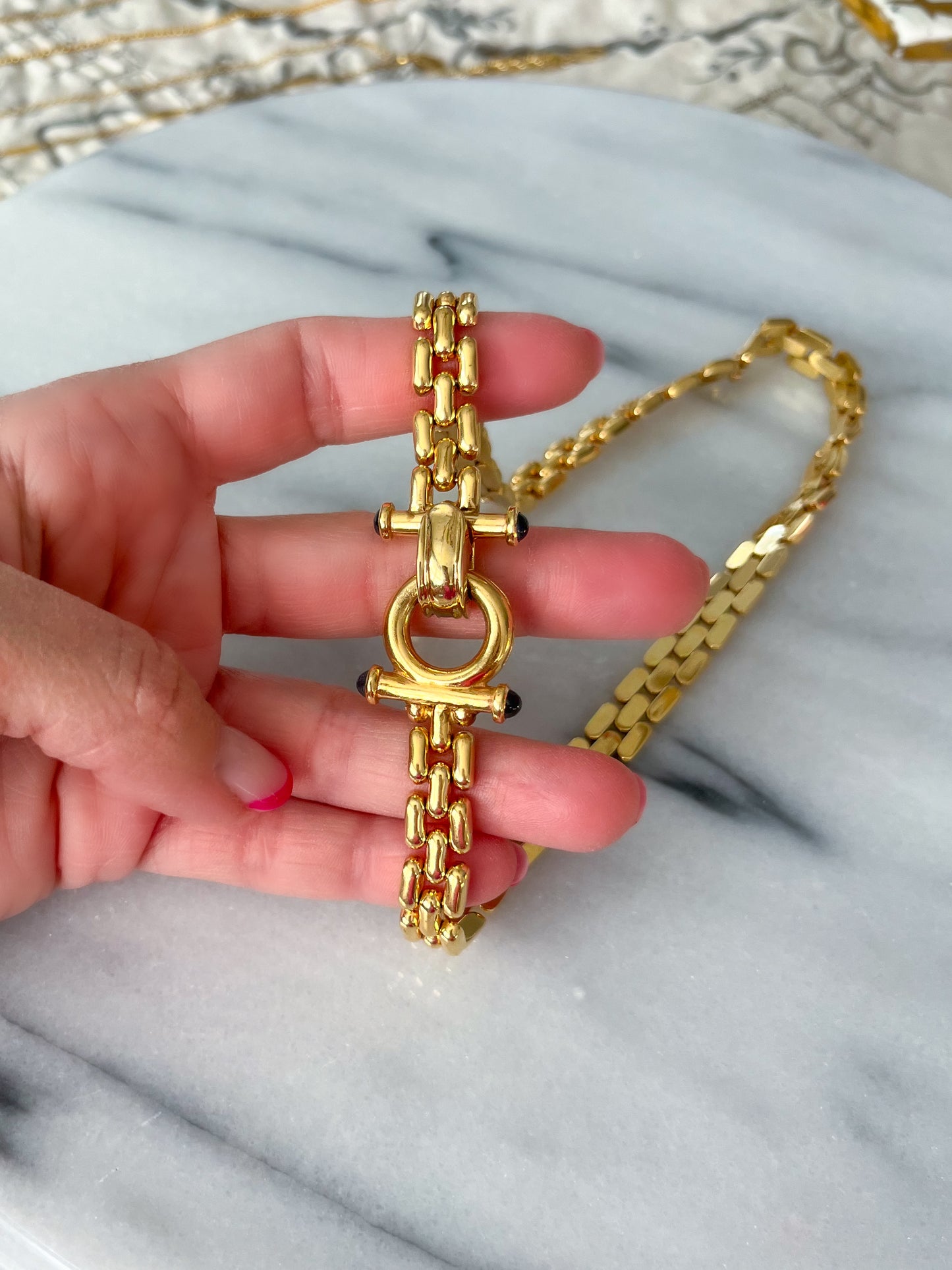 Vintage Panther Link 14k Yellow Gold Necklace with Sapphire Cabochon Toggle