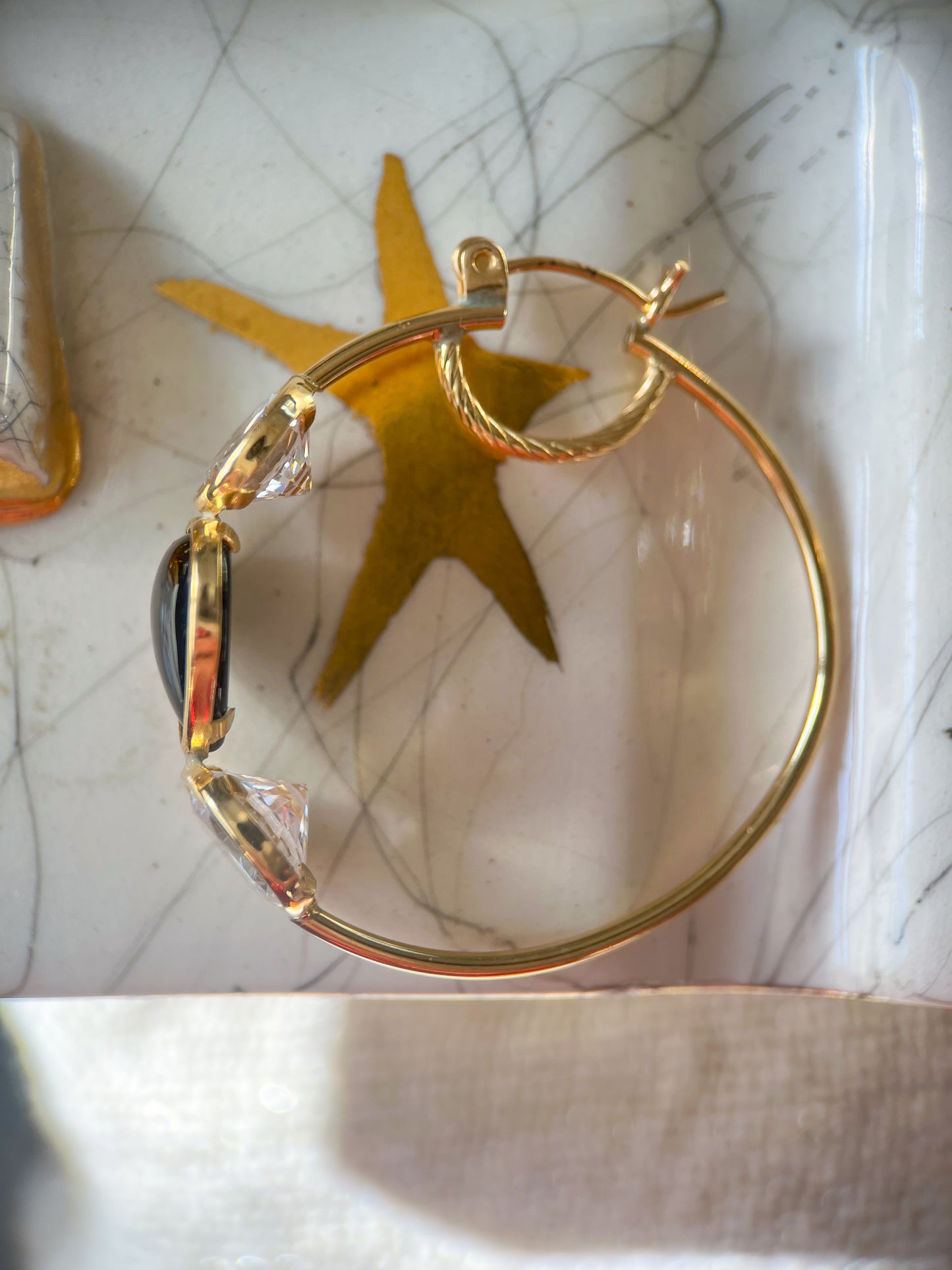 Vintage Onyx and CZ Three Stone Hoop Earrings