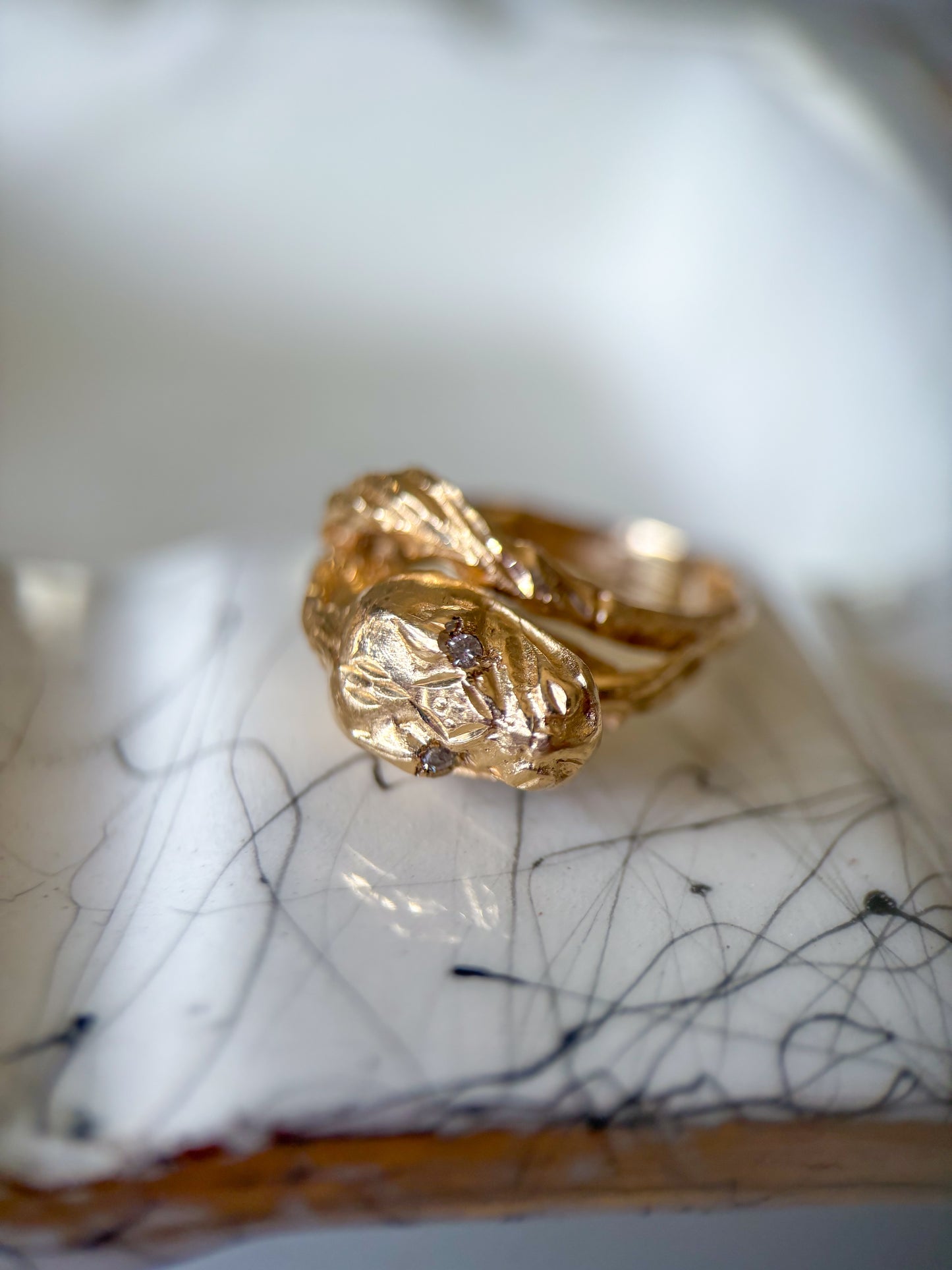 Vintage Snake with Natural Diamond Eyes 14k Yellow Gold Ring