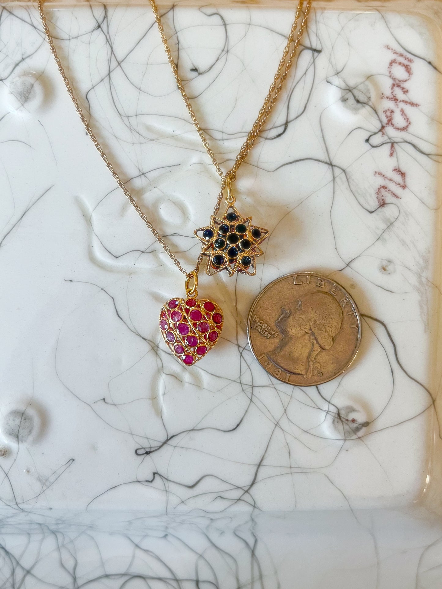 Vintage Natural Sapphire Puffy Star and Vintage Ruby Puffy Heart 18k Yellow Gold Charms, Circa 1990's