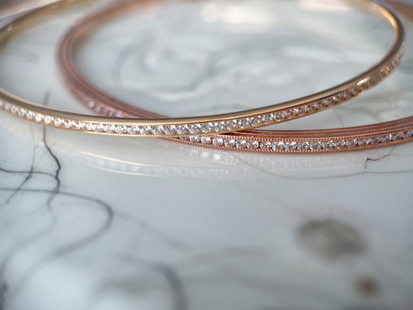 14k Yellow and Rose Gold Bangles with CZs in Channel Settings