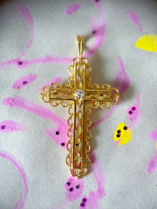 Vintage Natural Diamond Cross 14k Yellow Gold Charm