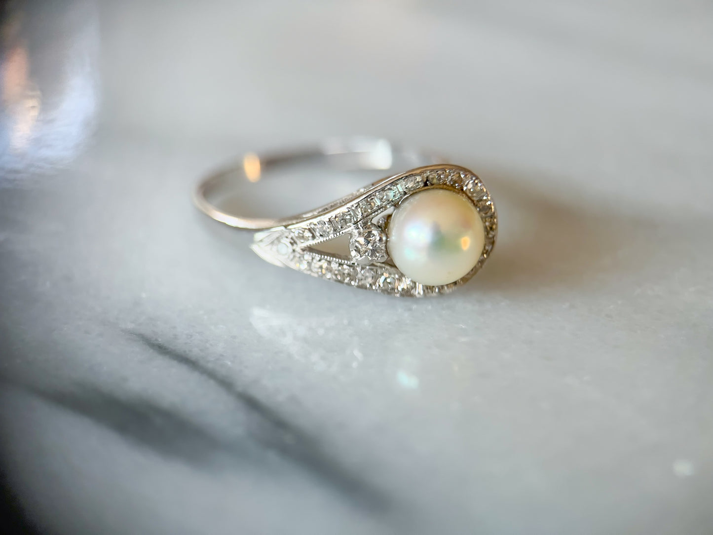 Vintage Natural Pearl and Natural Diamond 14k White Gold Statement Ring
