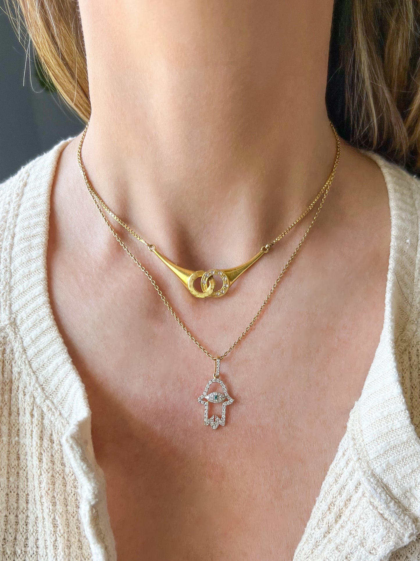 Hamsa Charm with Natural Diamonds and Natural Sapphire 14k Yellow Gold
