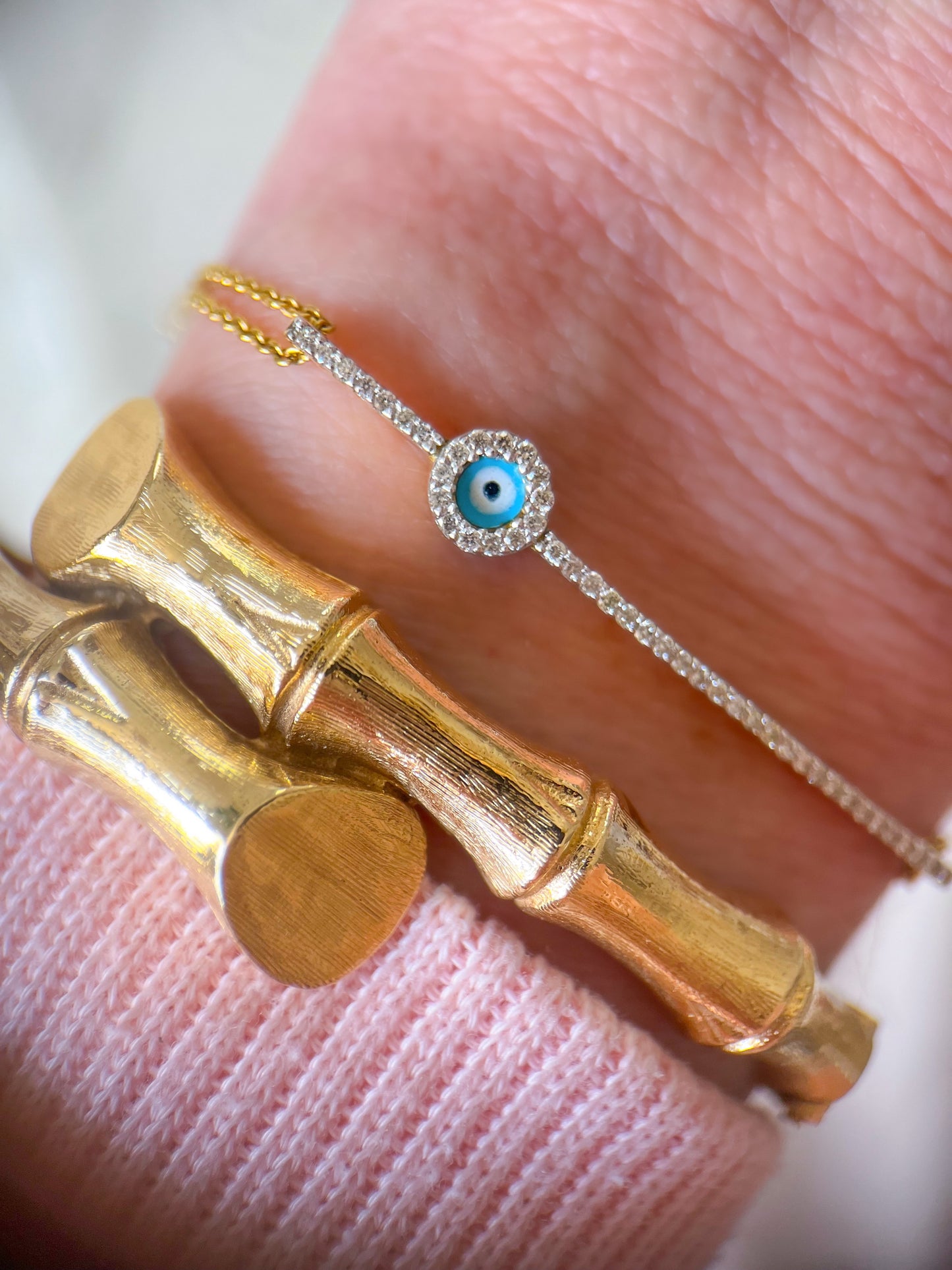 18k Yellow Gold Natural Diamond Evil Eye Chain 7 inch Bracelet