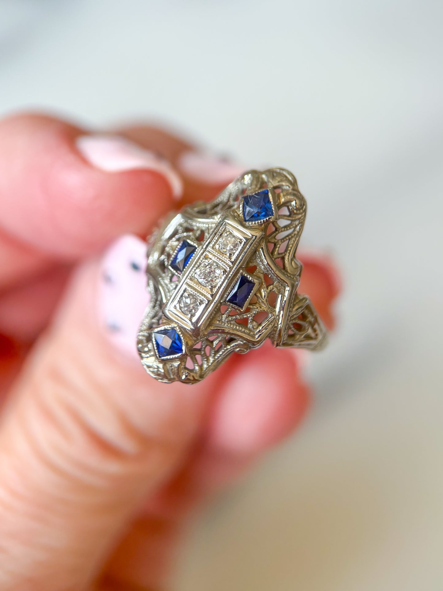 Vintage Natural Diamond and Natural Sapphire 14k White Gold Statement Ring