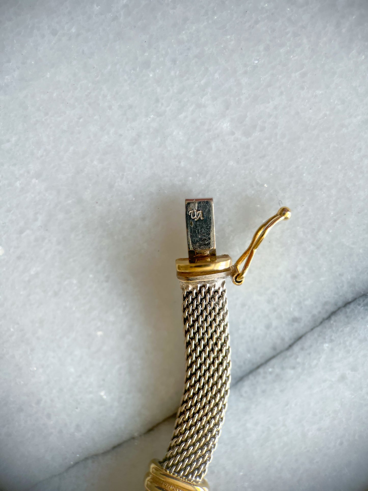 Vintage Mesh Two Toned with Screw Accents 14k White and Yellow Gold 8 Inch Bracelet