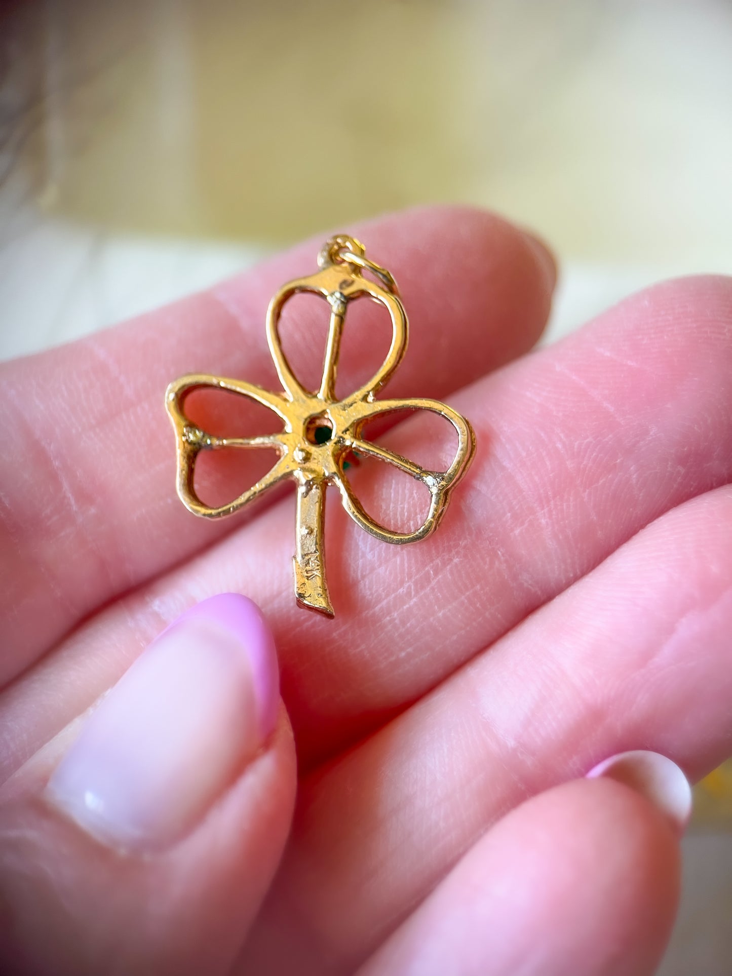 Vintage 3 Leaf Clover with Synthetic Emerald 14k Yellow Gold Charm