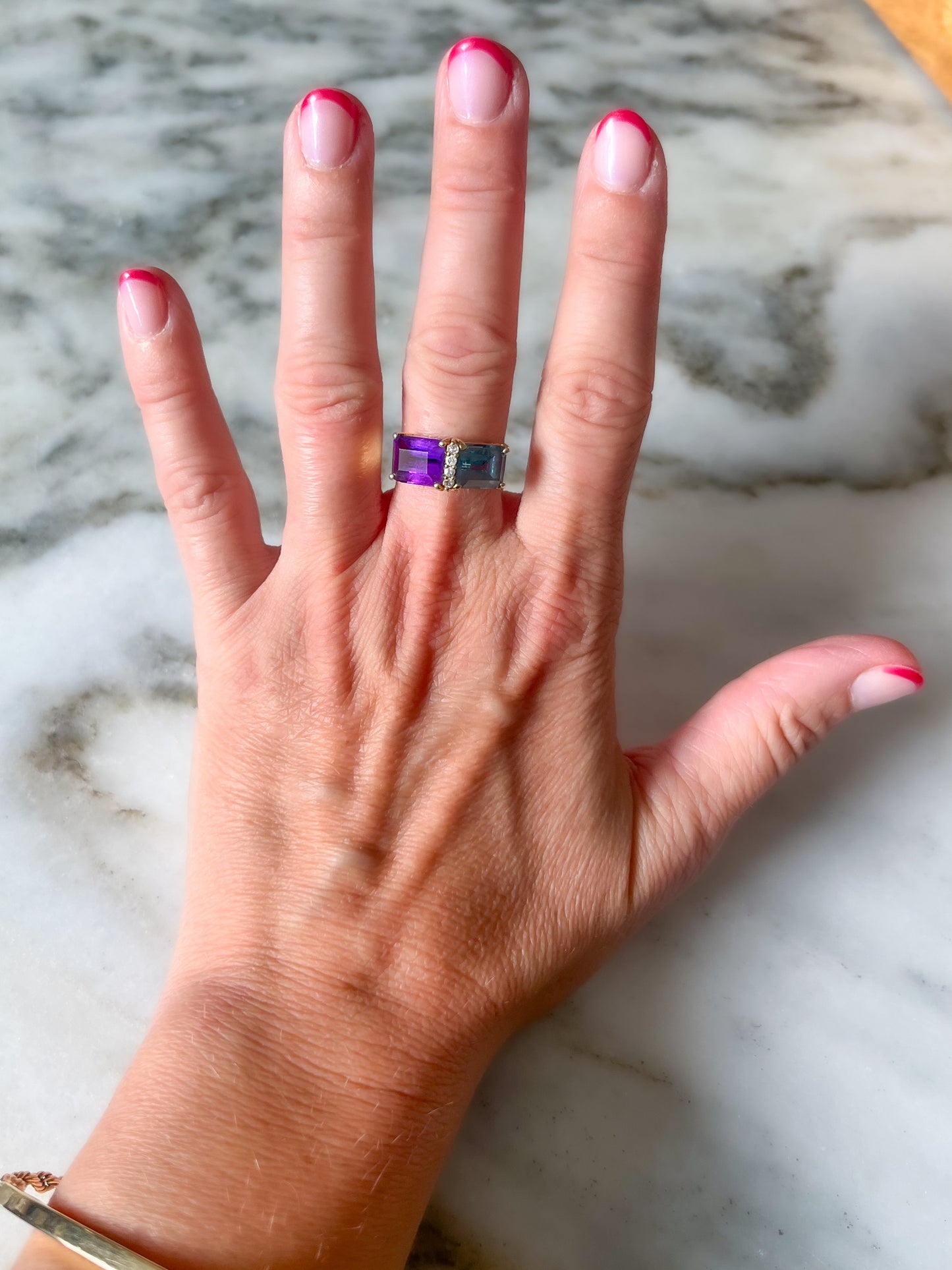 Vintage Natural Amethyst and Topaz Two Stone Ring with Natural Diamonds 14k Yellow Gold, circa 1980s