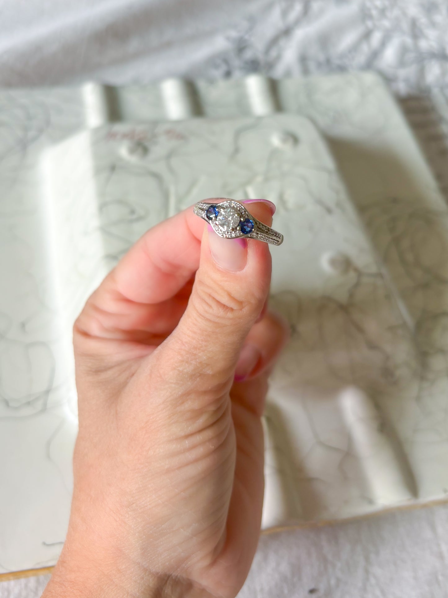 Vintage Natural Diamond and Natural Sapphire 14k White Gold Ring