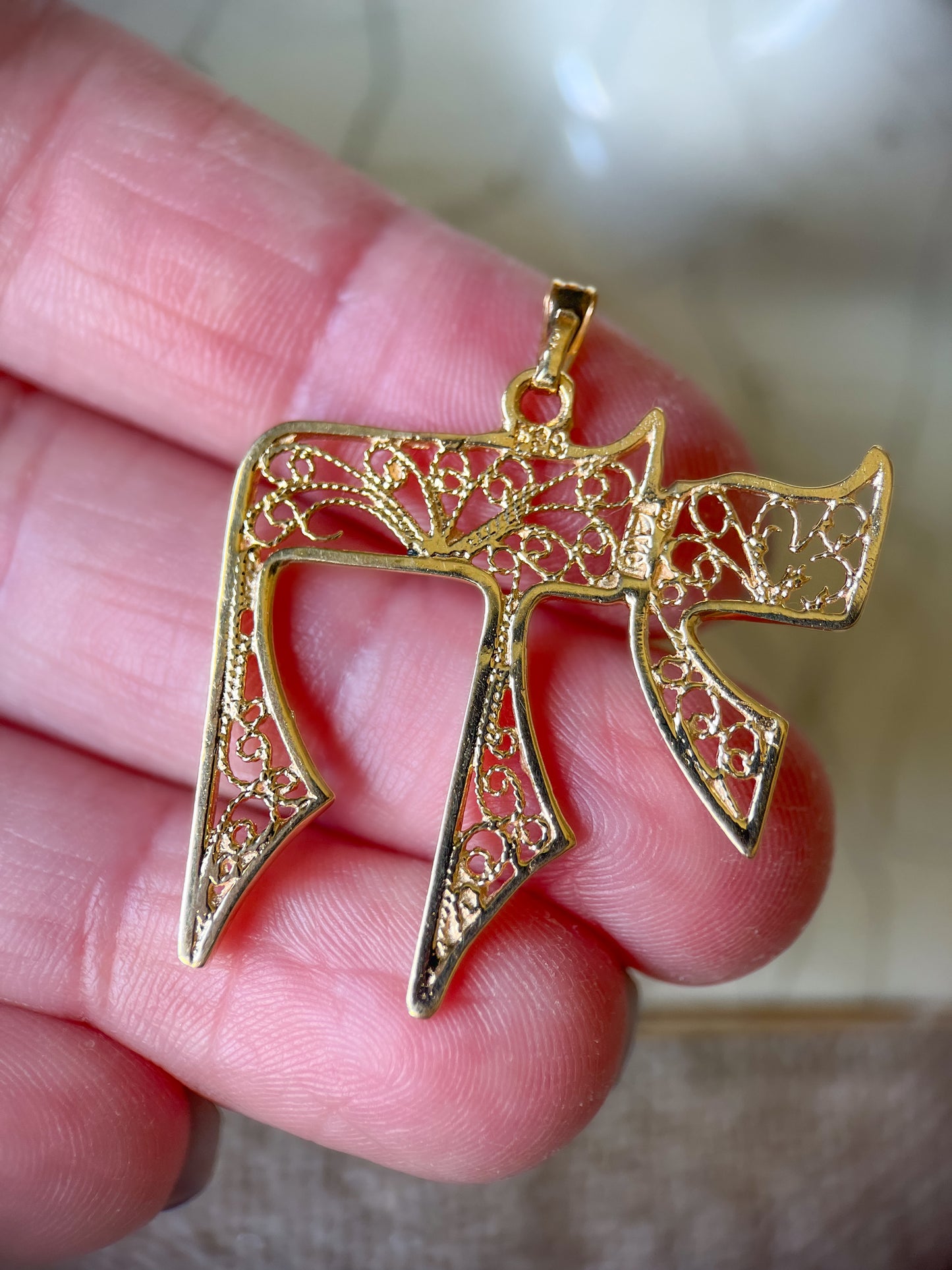 Vintage Large Filigree Chai 14k Yellow Gold Charm