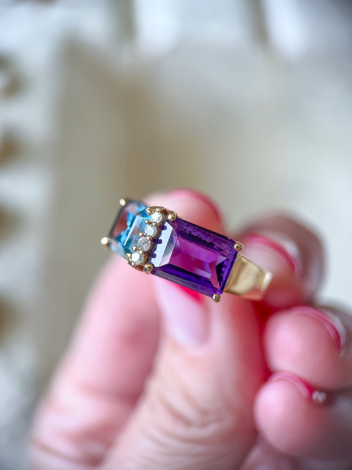 Vintage Natural Amethyst and Topaz Two Stone Ring with Natural Diamonds 14k Yellow Gold, circa 1980s