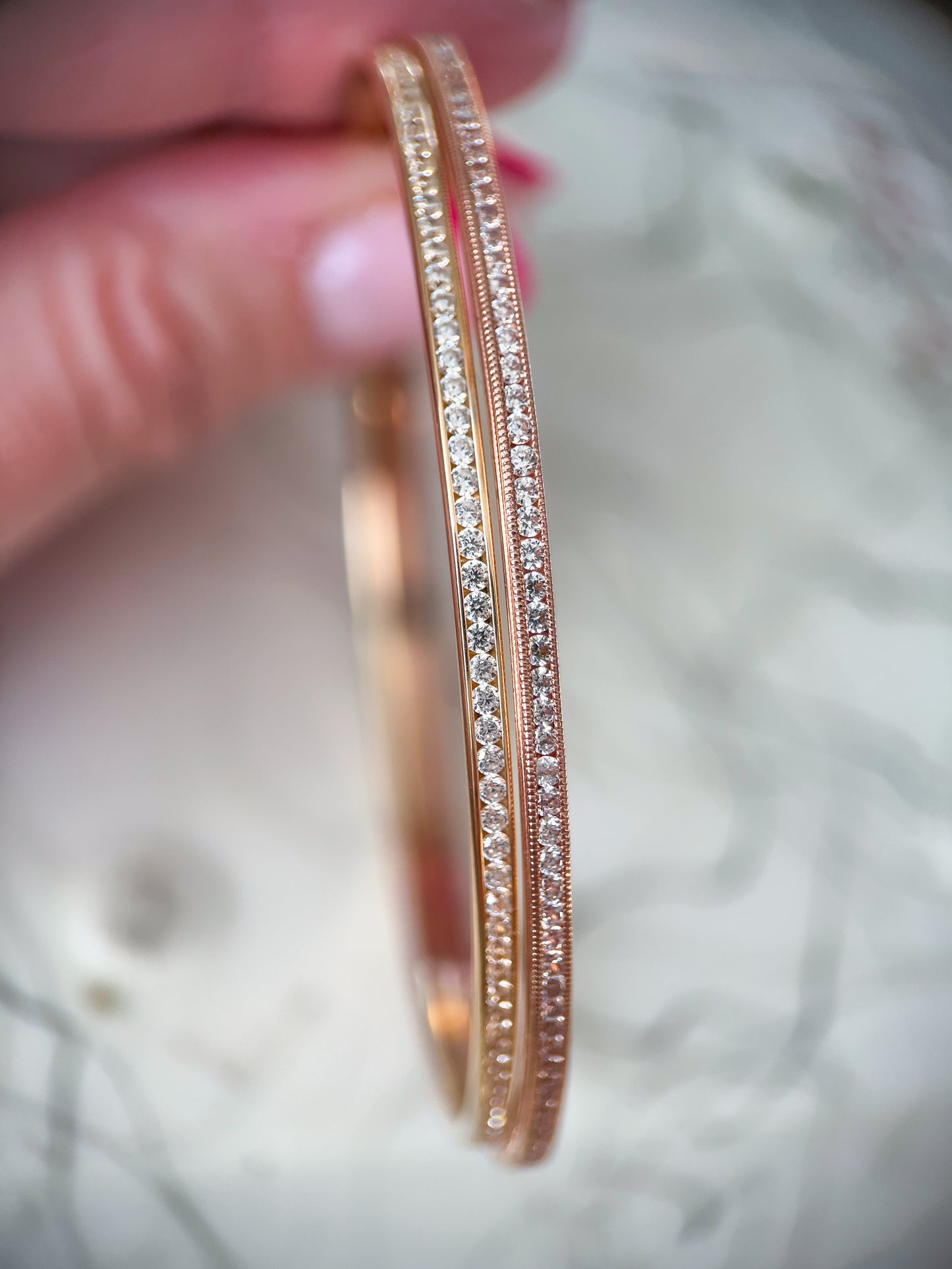 14k Yellow and Rose Gold Bangles with CZs in Channel Settings
