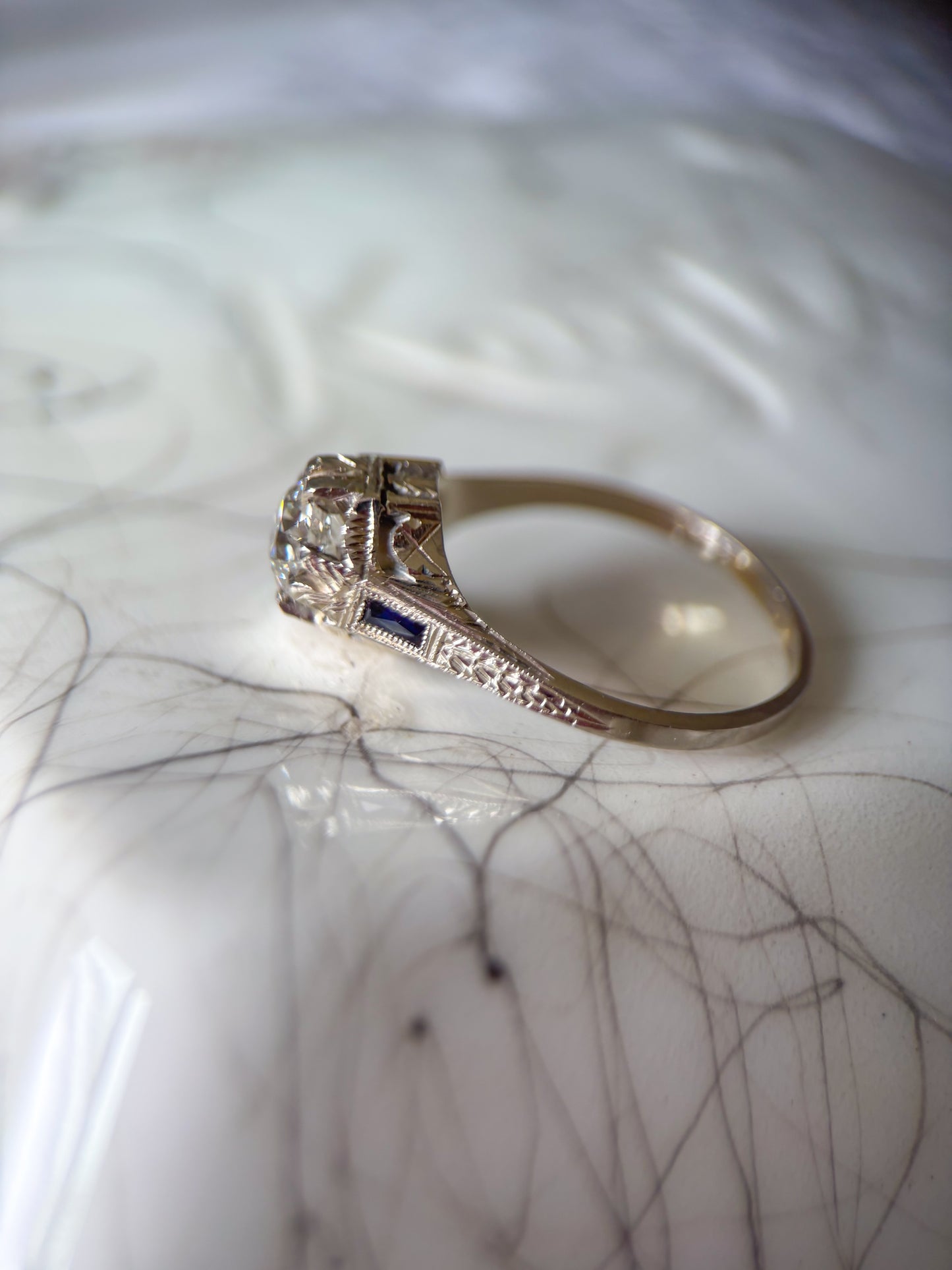 Vintage Natural Old Miner Diamond and Natural Sapphire 18k White Gold Ring