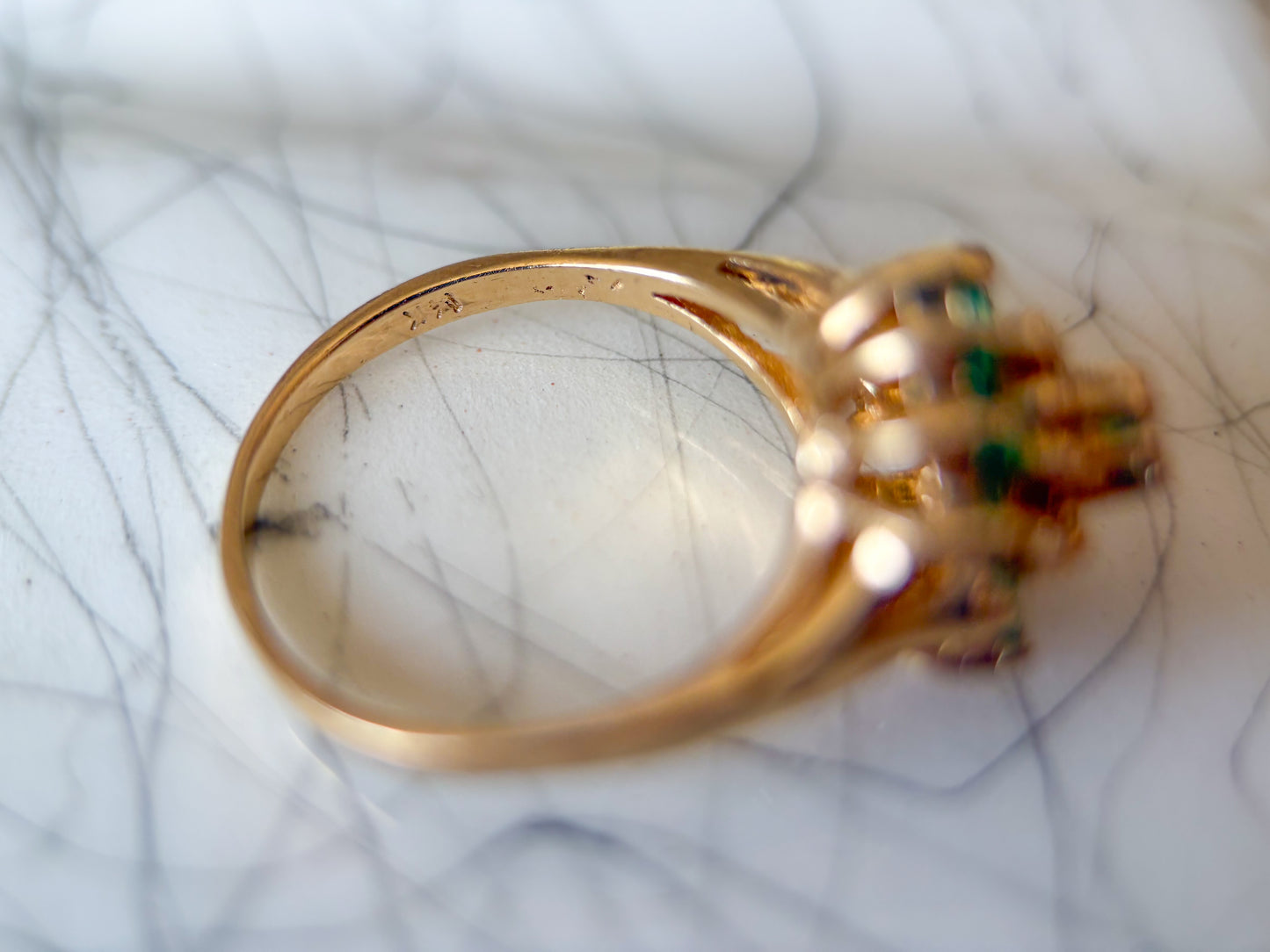 Vintage Natural Emerald and Diamond Cluster 14k Yellow Gold Ring