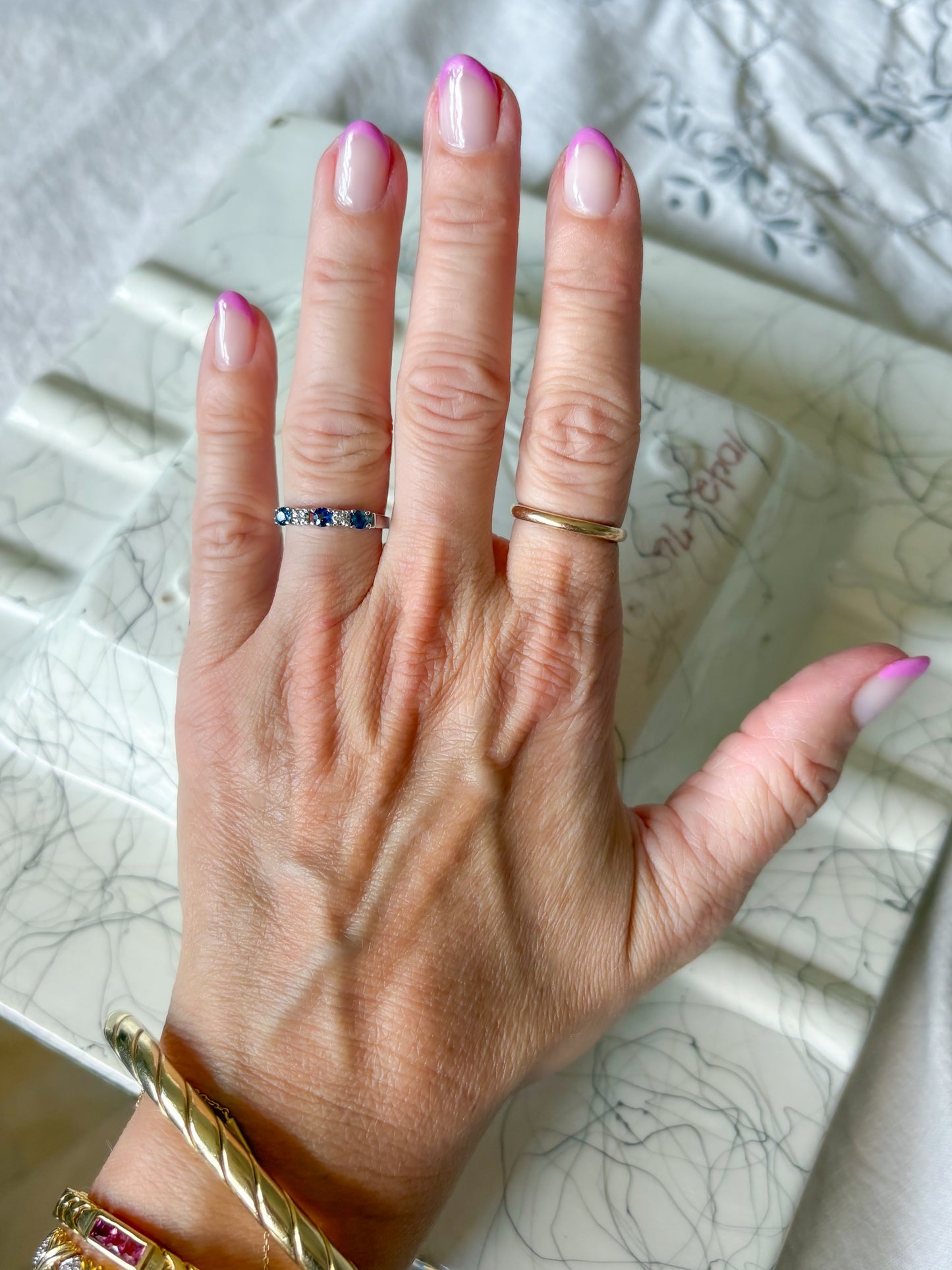 Vintage Natural Sapphire and Natural Diamond 14k White Gold Half Band