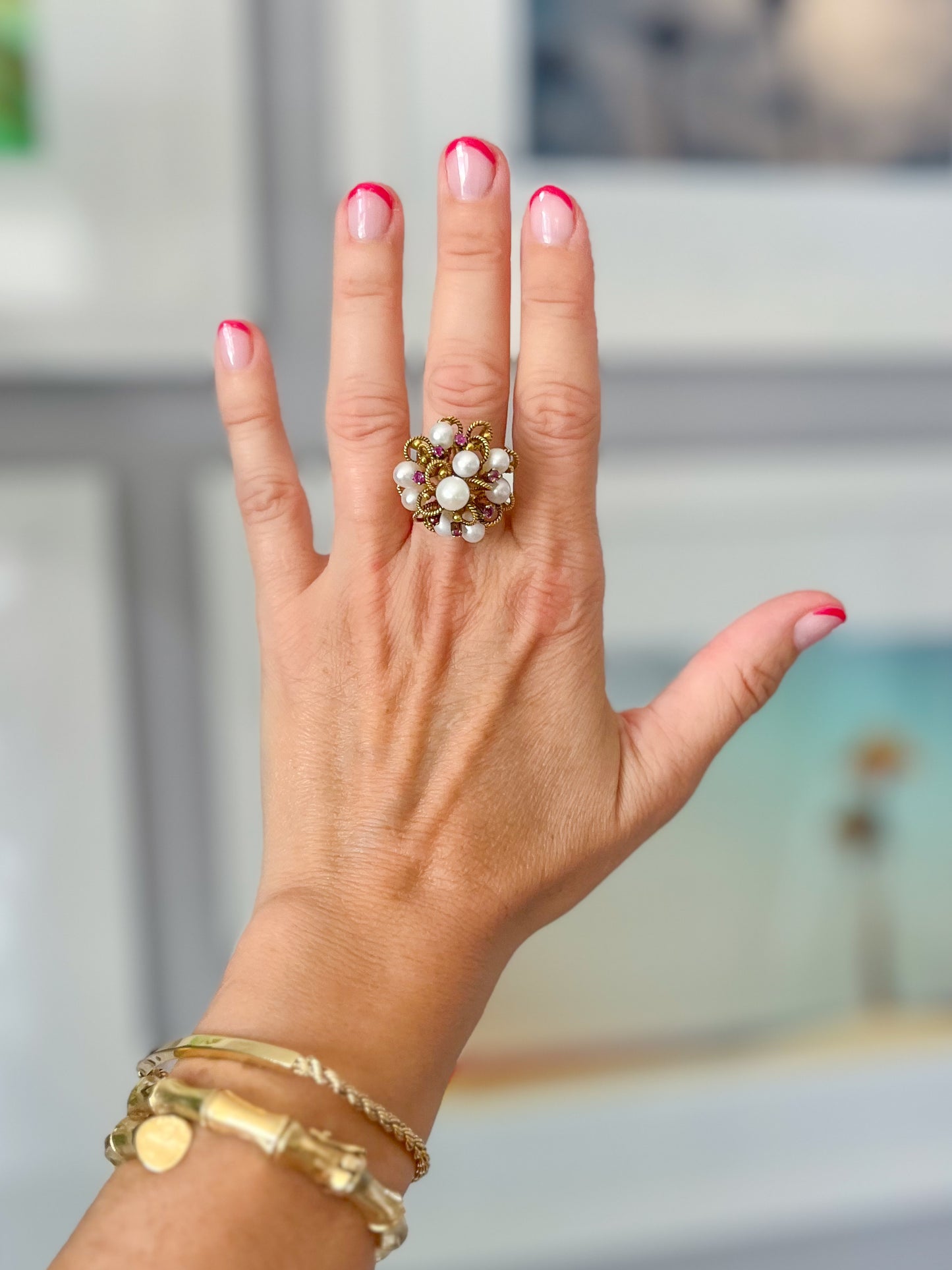 Vintage Cocktail Ring with Pearls and Rubies set in 14k Yellow Gold