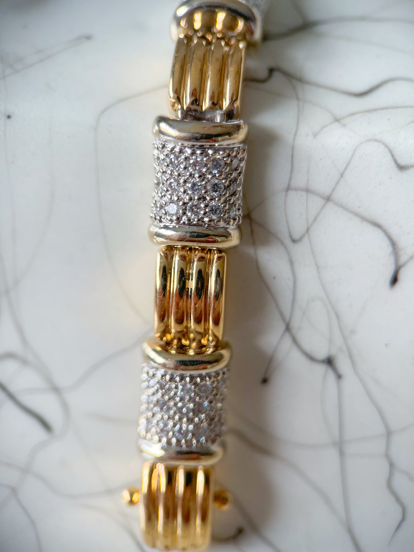 Vintage Natural Diamond 14k White Gold and Yellow Gold Two Toned Heavy 7 Inch Bracelet