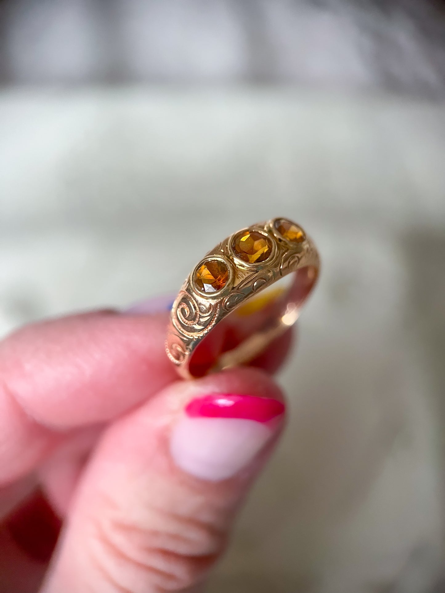 Vintage Three Stone Natural Citrine 10k Yellow Gold Ring