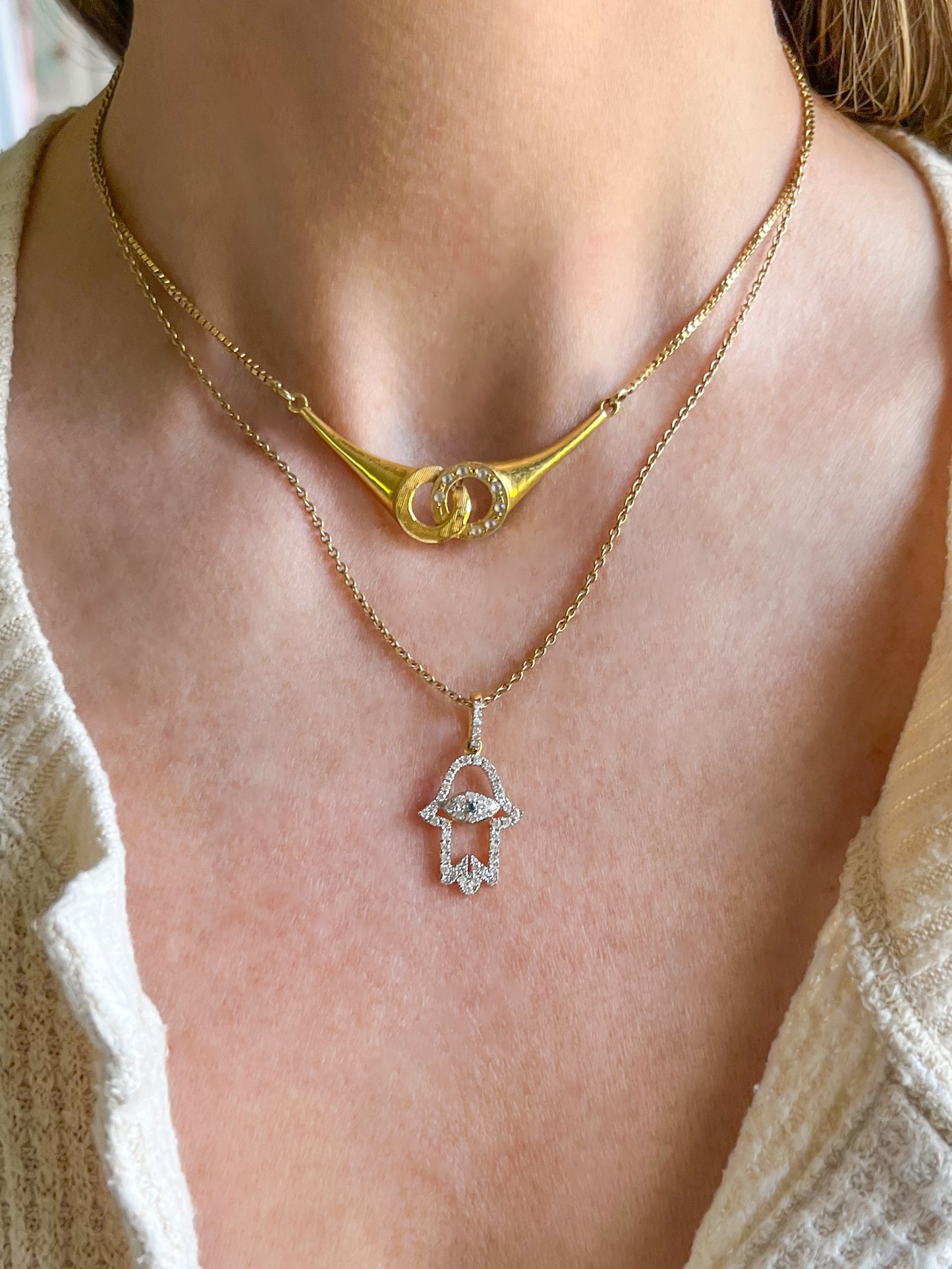 Hamsa Charm with Natural Diamonds and Natural Sapphire 14k Yellow Gold