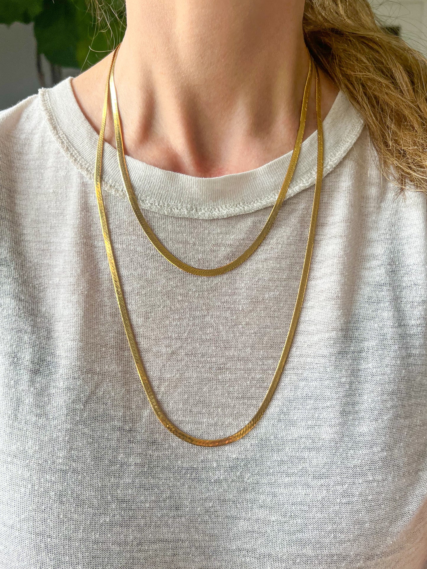 Vintage Herringbone Chain Necklaces 14k Yellow Gold - Two Lengths