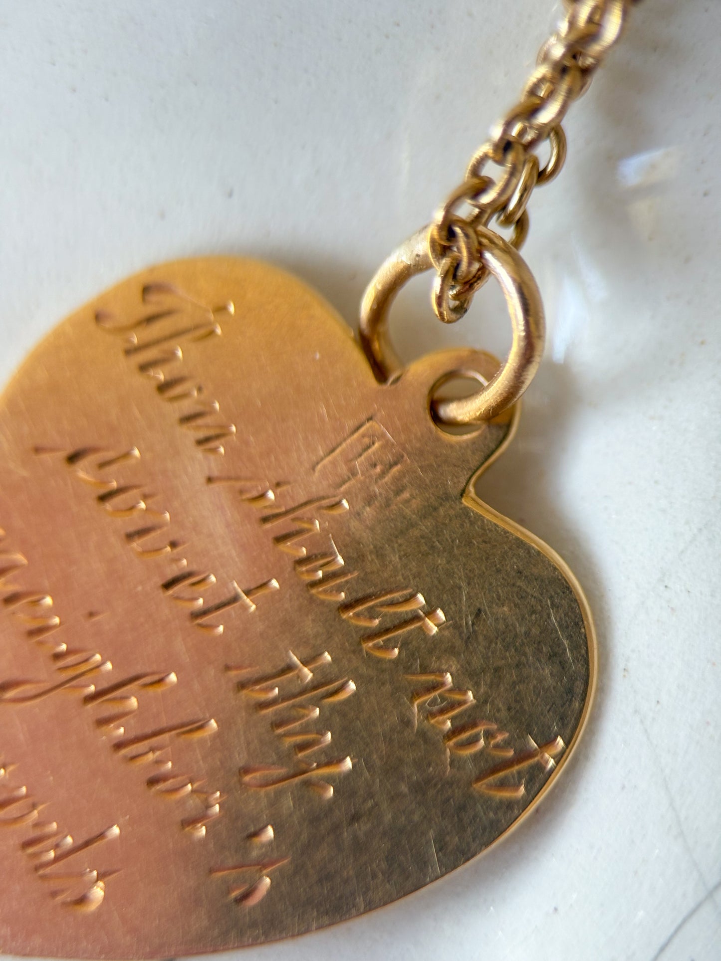 Vintage Engine Turned Heart 14k Yellow Gold Charm, Engraved: "Thou Shall Not Covet Thy Neighbor's Goods"