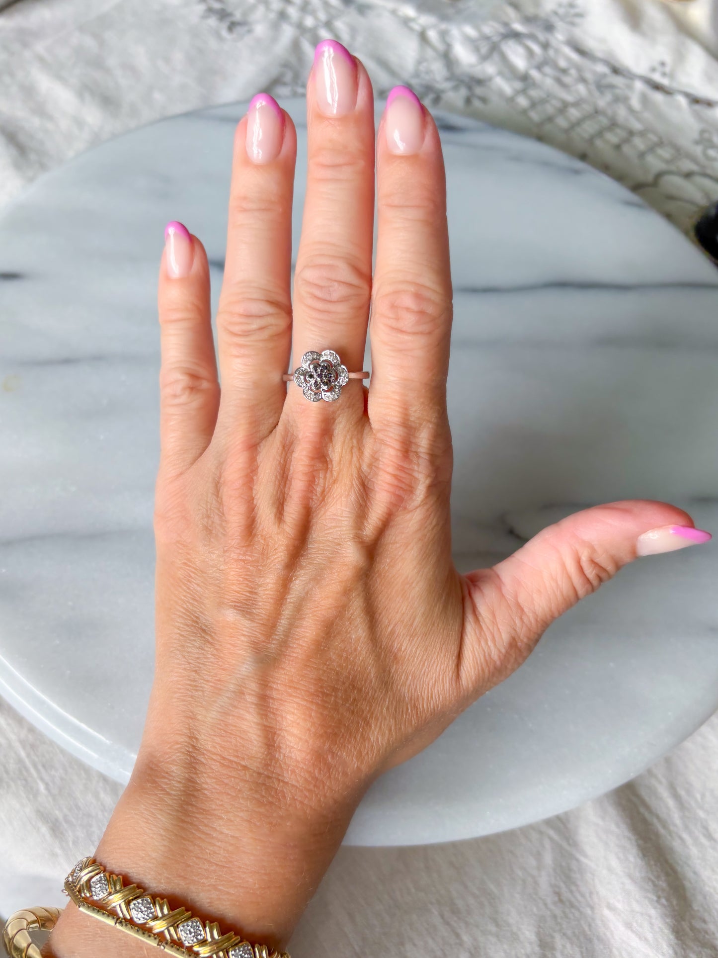 Vintage Natural Black Diamond Flower 14k White Gold Ring