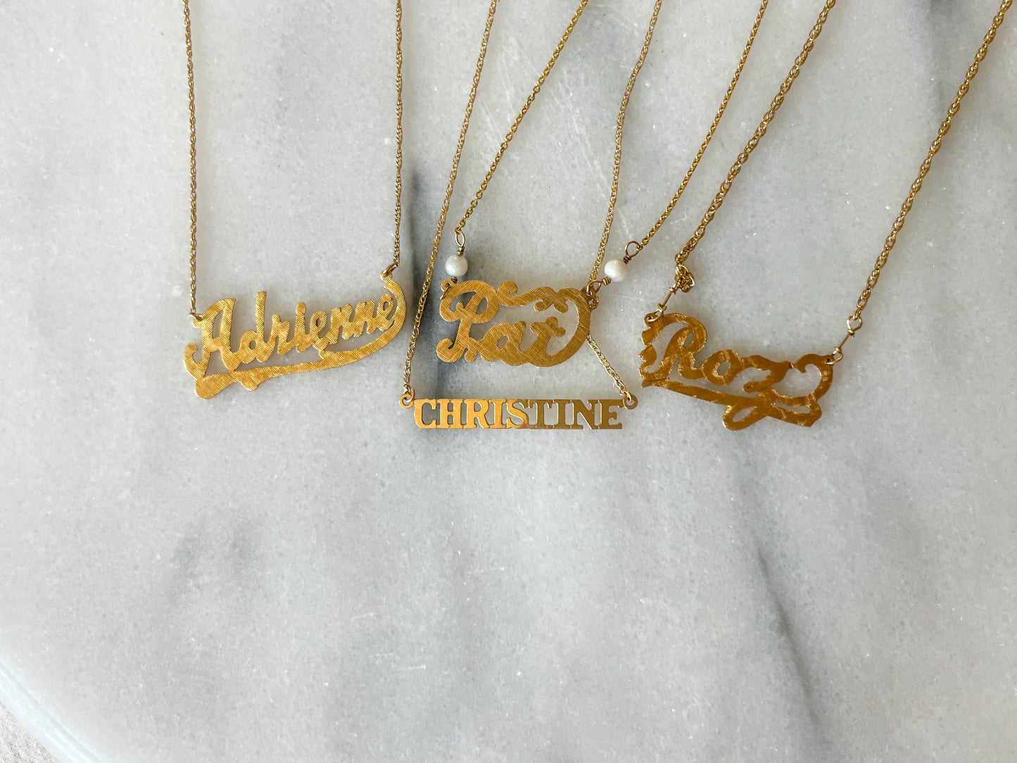 Vintage Name Plate Necklaces - "Adrienne", "Christine", "Pat", "Roz" - 14k Yellow Gold Charms