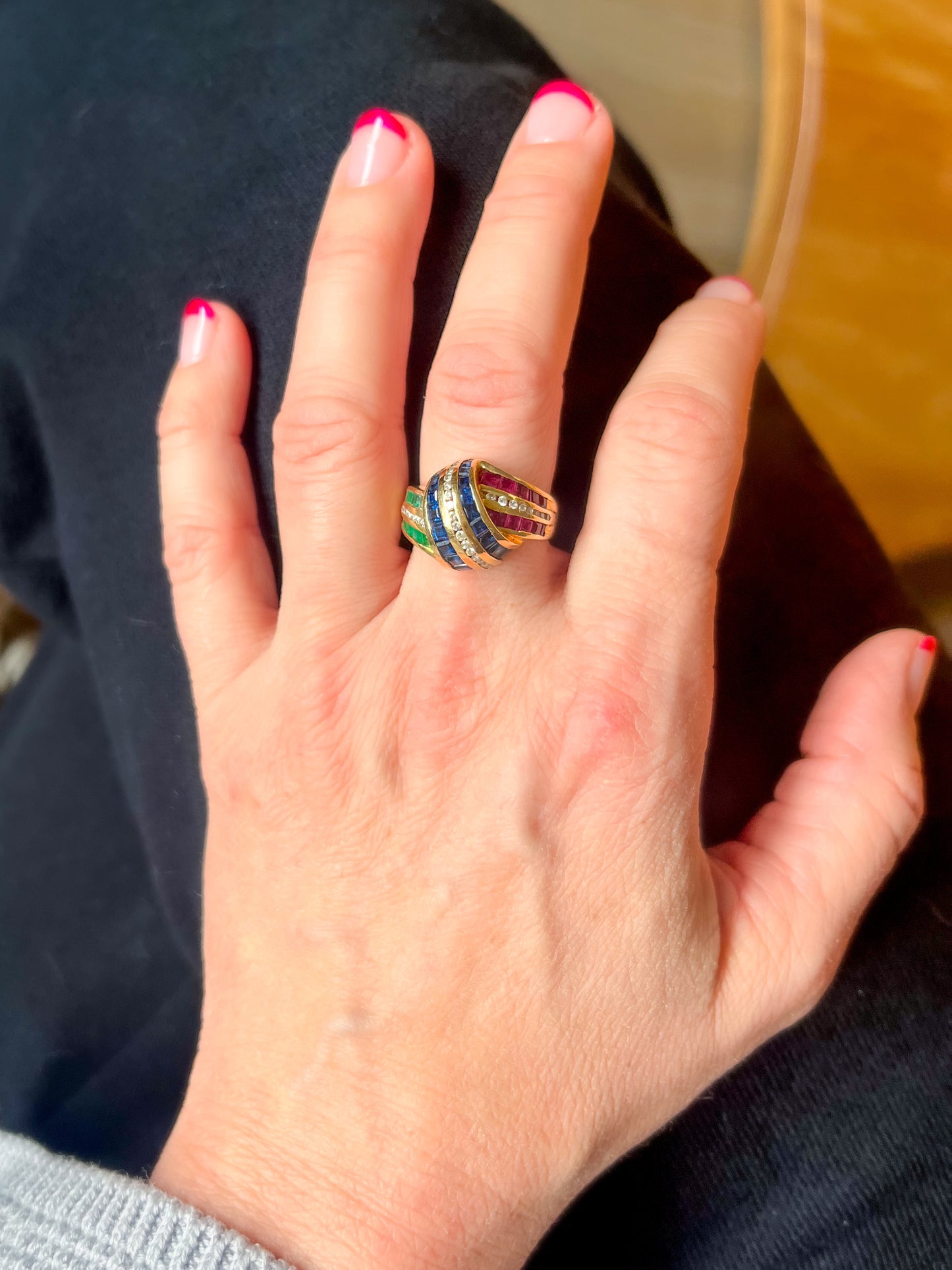 Vintage 14k Yellow Gold Natural Sapphire, Ruby, Emerald and Diamond Ring, circa 1990s