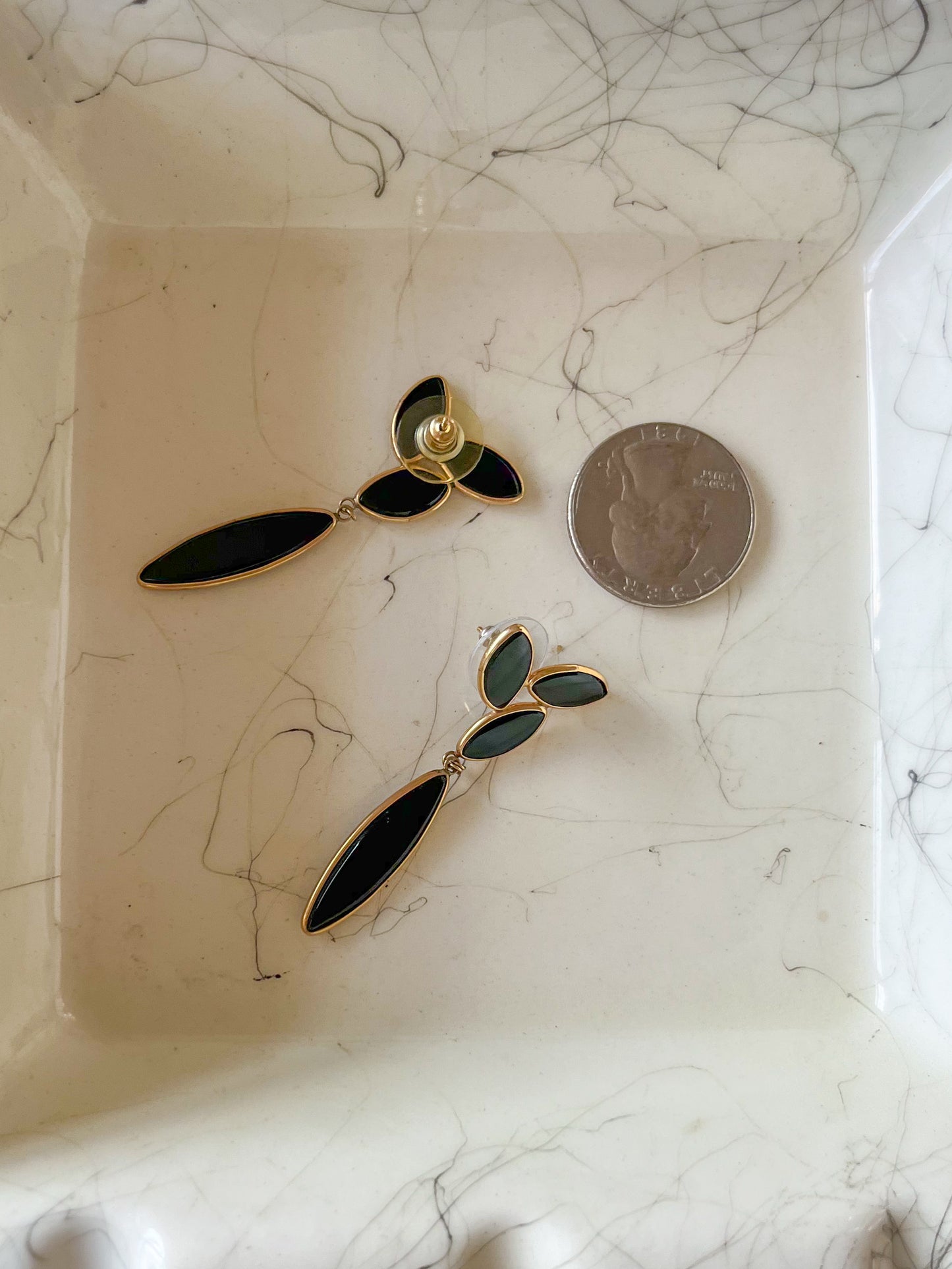 Vintage Onyx Drop 14k Yellow Gold Stud Earrings