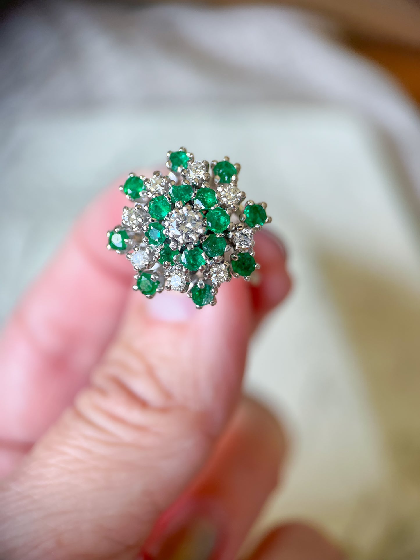 Vintage Natural Emerald and Diamonds 14k White Gold Statement Ring