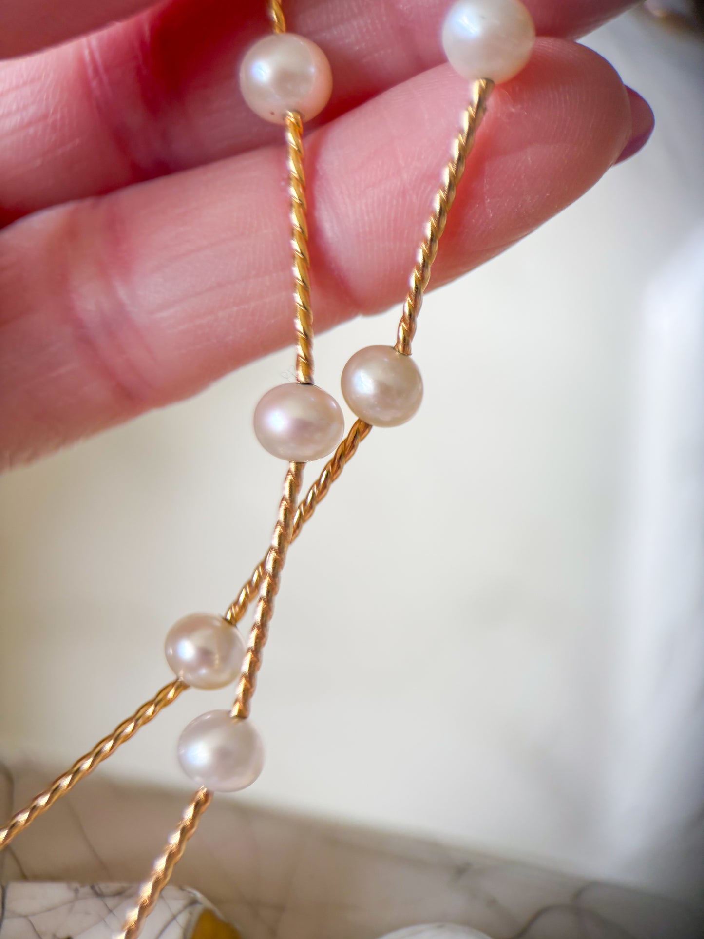 Vintage Natural Pearl 14k Yellow Gold 15.5 Inch Bar Chain Necklace