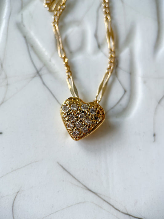 Vintage Heart Natural Diamond 14k Yellow Gold Charm on Chain