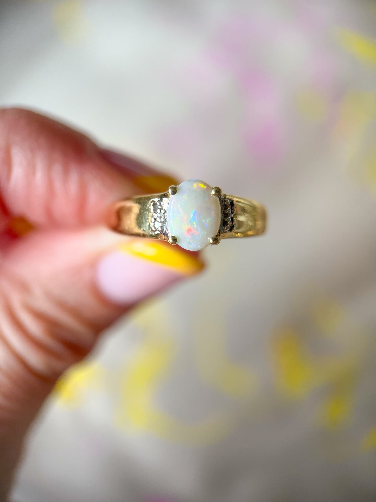 Vintage Natural Opal and Natural Diamond 10k Yellow Gold Ring