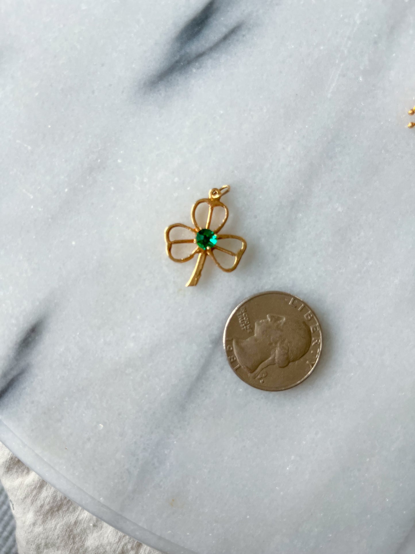 Vintage 3 Leaf Clover with Synthetic Emerald 14k Yellow Gold Charm