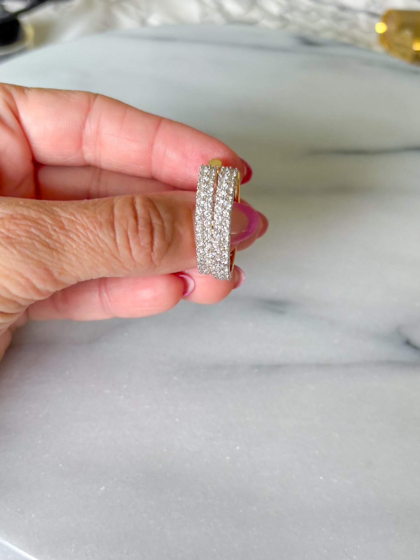 Natural Diamond Two Row Oval Hoop 14k Yellow Gold Earrings