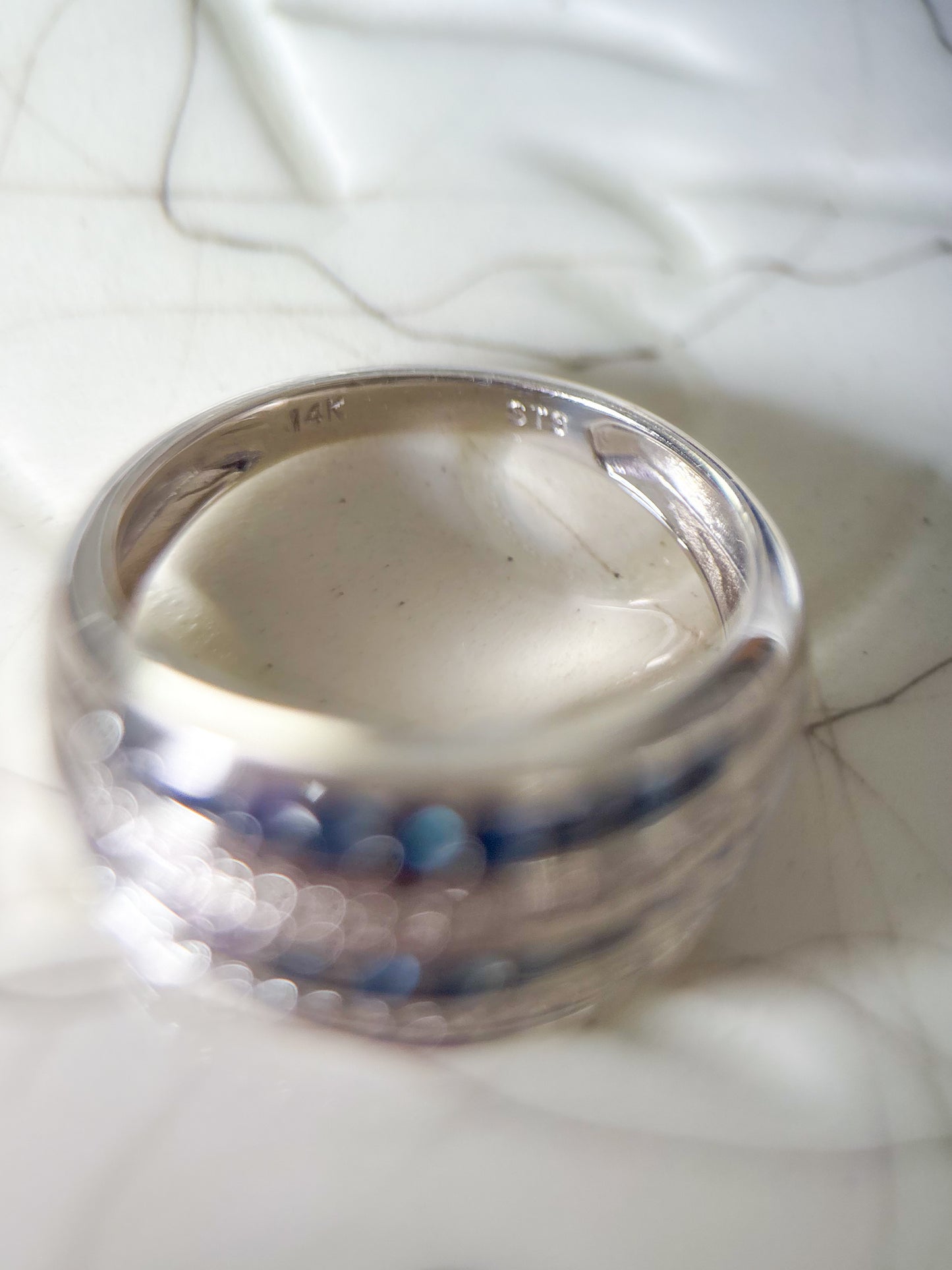 Vintage Chunky Natural Diamond and Natural Sapphire 14k White Gold Ring