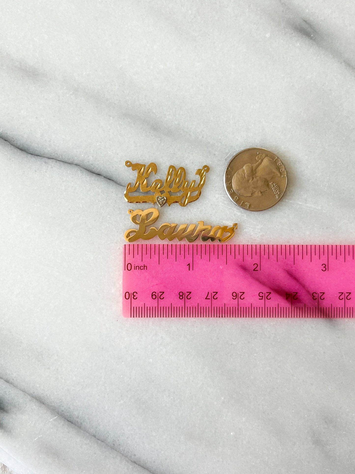 Vintage Name Plates "Kelly" & "Laura" (without chain), 14k Yellow Gold Charms