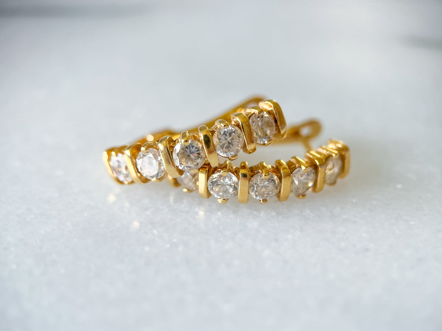 Vintage 14k Yellow Gold Half Hoops with CZ Earrings