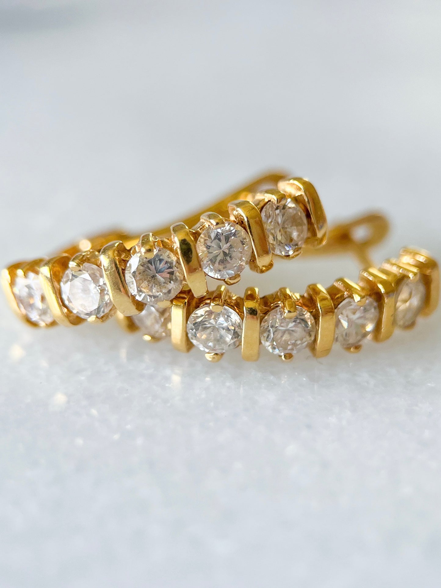 Vintage 14k Yellow Gold Half Hoops with CZ Earrings