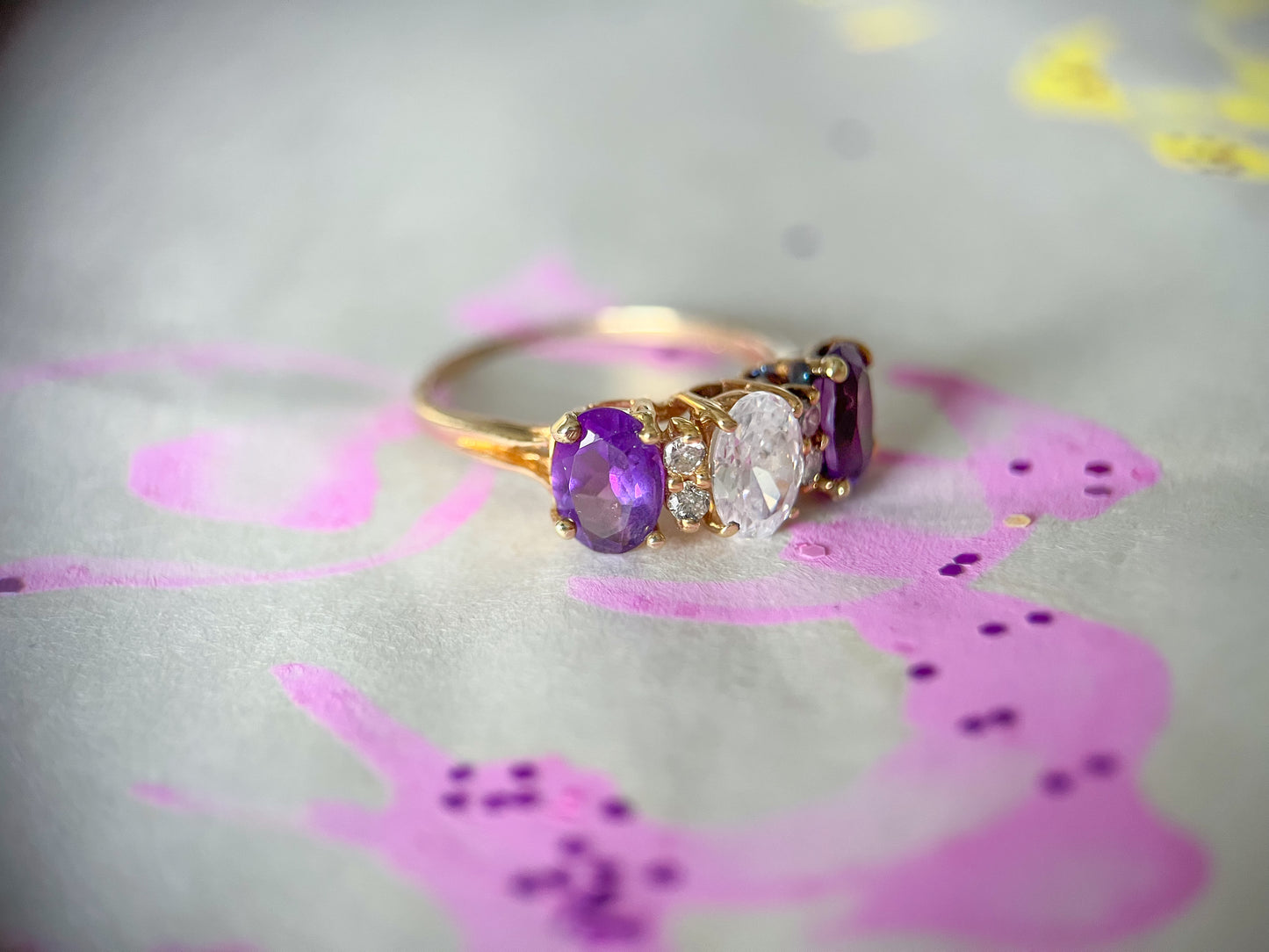 Vintage Natural Amethyst and CZ Three Stone Ring with Natural Diamonds 14k Yellow Gold
