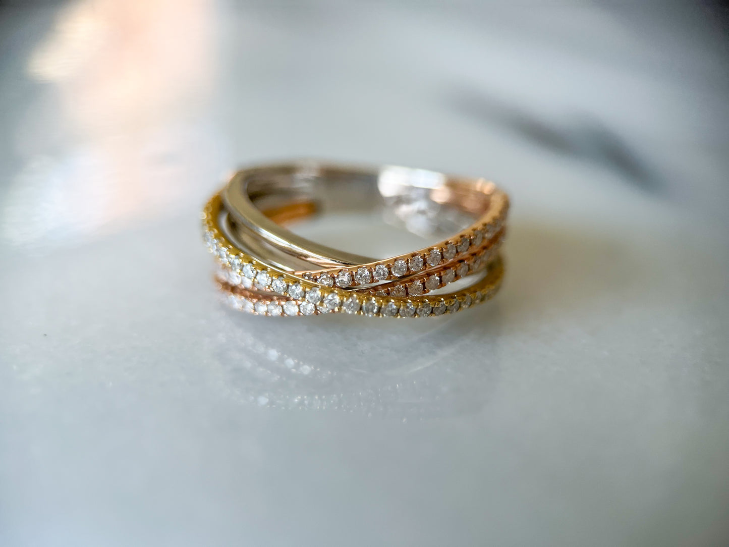 Natural Diamond Tri Colored 14k Yellow and White Gold Band Ring