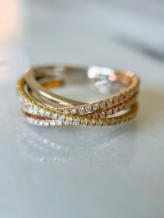 Natural Diamond Tri Colored 14k Yellow and White Gold Band Ring