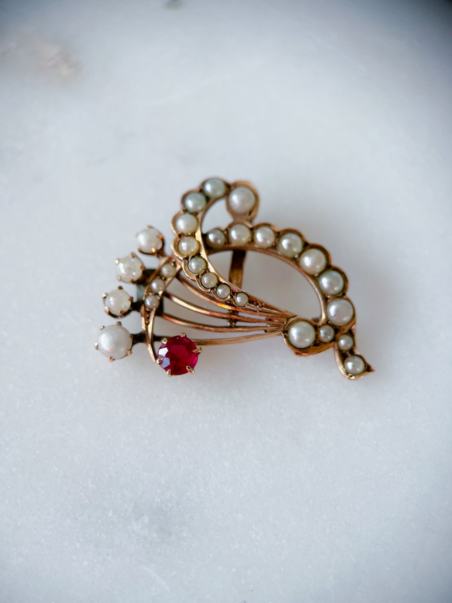 Victorian Era Pearl and Ruby 14k Yellow Gold Brooch Pendant