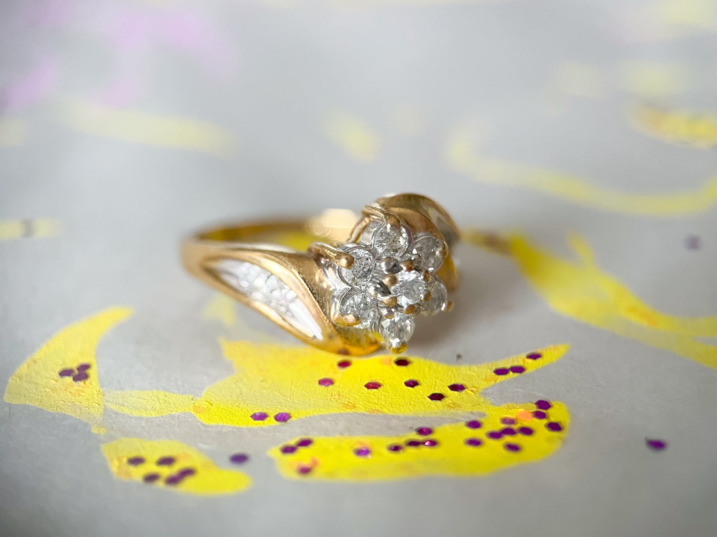 Vintage Natural Diamond Flower 10k Yellow Gold Ring