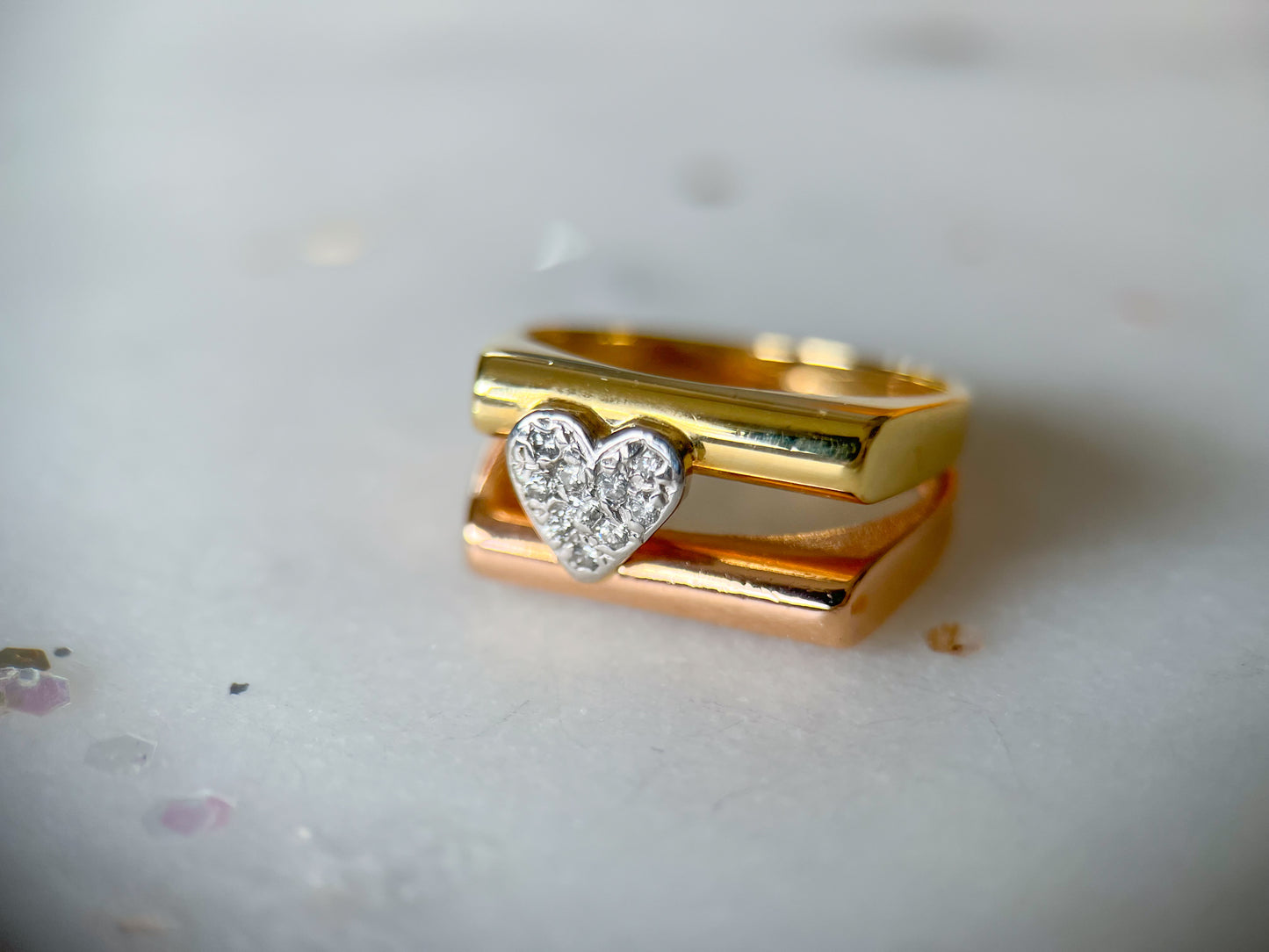 Vintage Double Bar Natural Diamond Heart Two Toned 14k Rose and Yellow Gold Ring